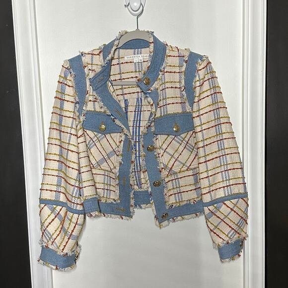 Veronica Beard Women's Nilaja Jacket Multicolor Size 4 Plaid Tweed Denim Trim - Picture 4 of 15